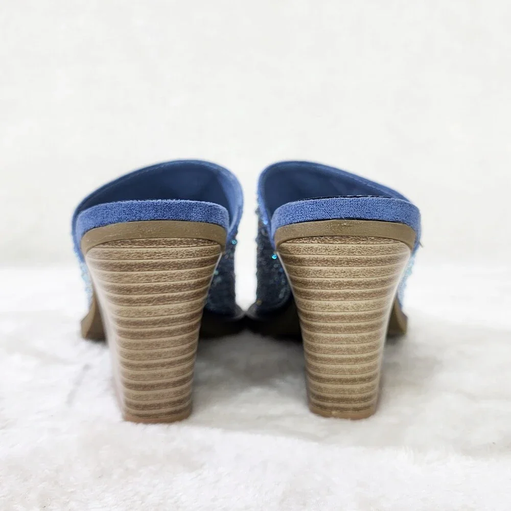 NIB Vibes Western Cowgirl Denim Slip On Shoes Mules / Clogs Iridescent Rhinesto - Picture 6 of 9